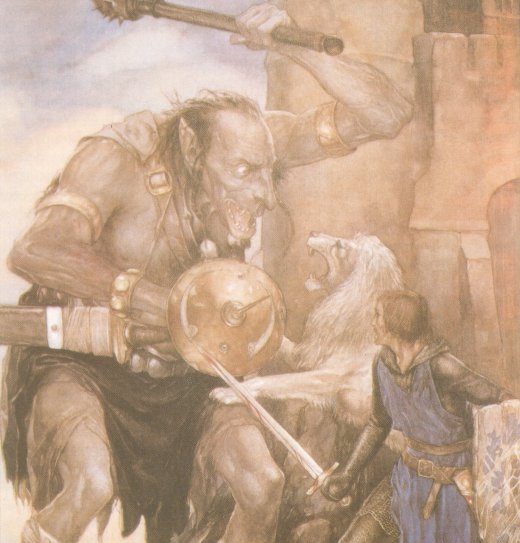 Yvain (Owain) e ou León contra um Gigante