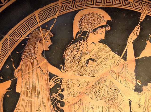 Teseo e Atenea en um jarrón griego