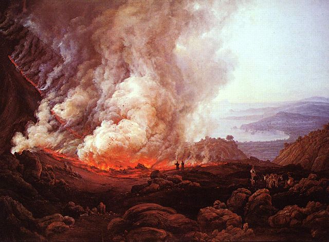 Pintura que representa a erupción do monte Vesubio en ou 79 d. C.