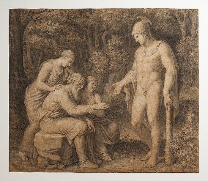 Ilustración de Edipo enfrentando su destino en Colono