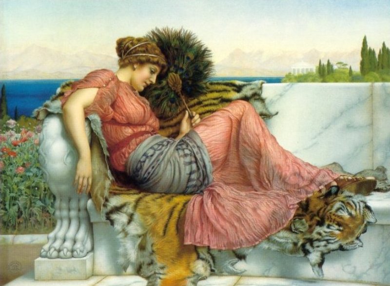 Pintura "Amaryllis" de John William Godward de uma mujer griega contemplativa