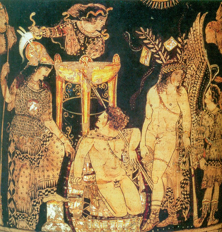 Orestes visitando a a Pitia en Delfos para solicitar a ayuda de Apolo e Atenea, século IV a.C.