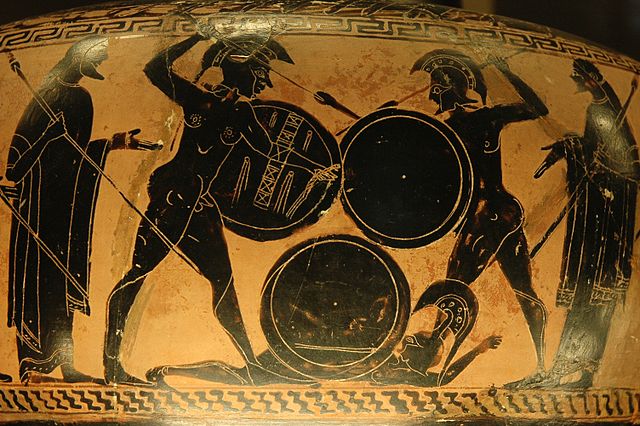 Hoplitas luchando en um jarrón griego