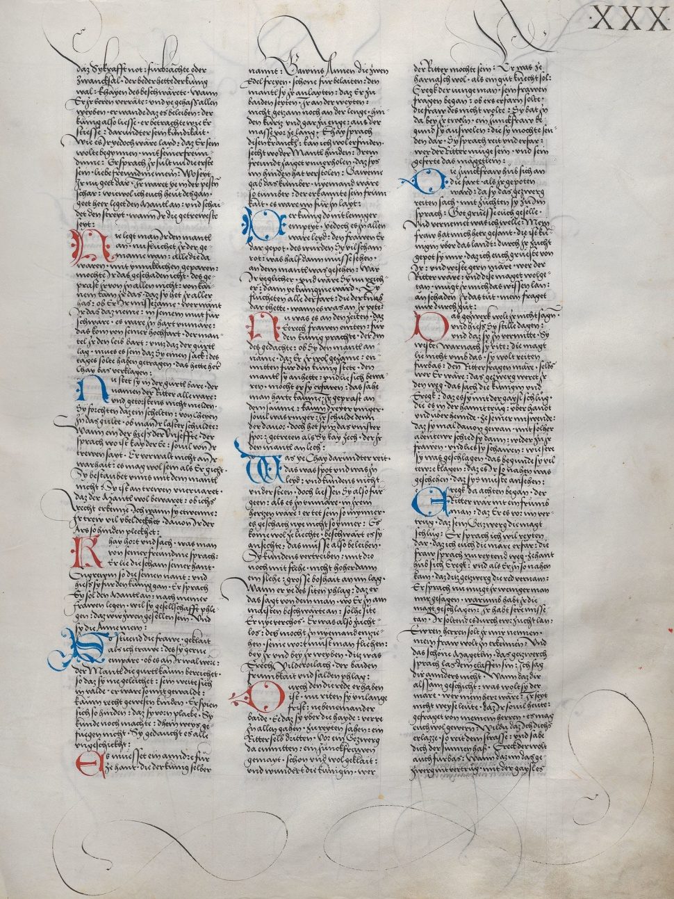 Ambraser Heldenbuch, fólio 30r, mostrando o início do Erec de Hartmann von Aue, 1516, Biblioteca Nacional da Áustria