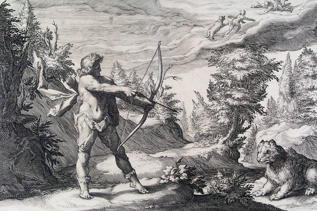Arcas a ponto de matar a sua mãe ursa Calisto na mitologia grega