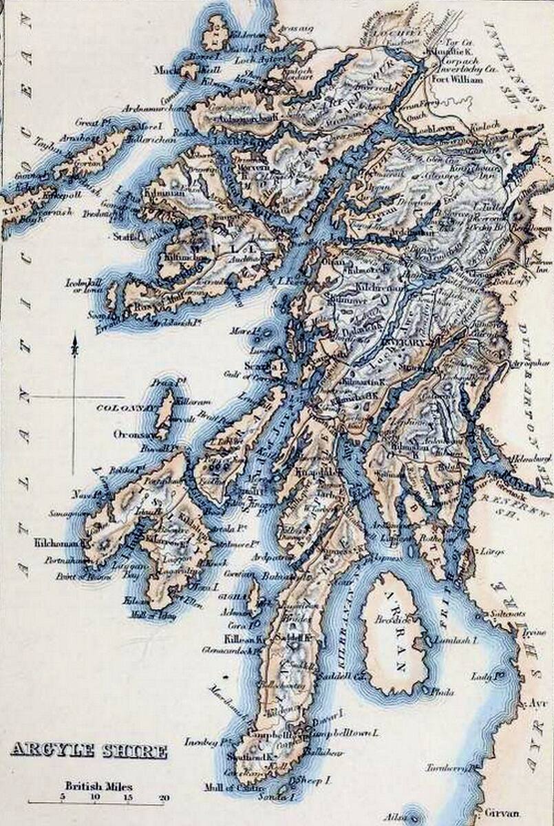 Mapa de Argyleshire, grosso modo equivalente ao reino medieval de Dal Riata, <i>Imperial Gazetteer of Scotland</i>, John Marius Wilson