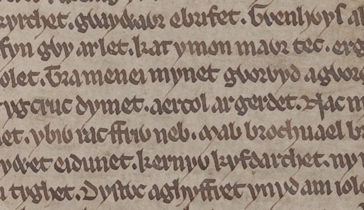 Livro de Taliesin, fólio 22r, mostrando o nome de Aircol no texto do poema Trawsganu Kynan Garwyn mab Broch