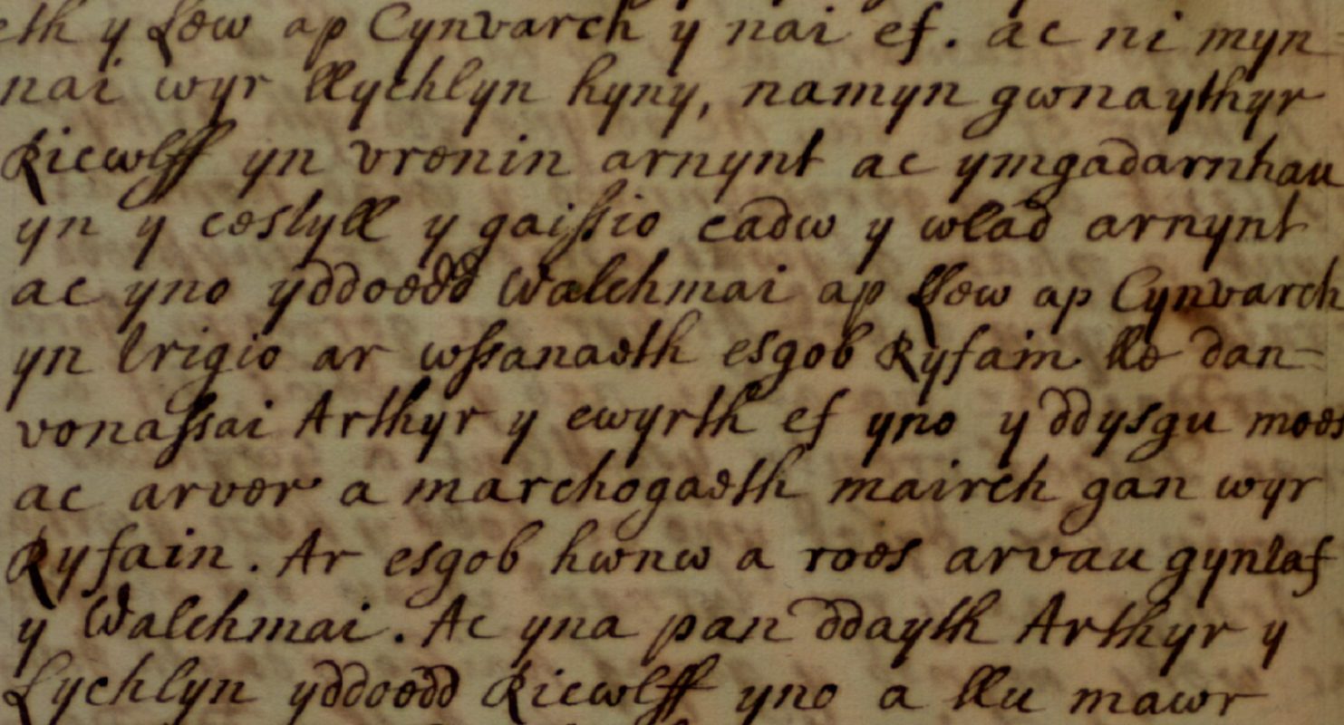 Brut Tysilio, Jesus College MS 28, página 140, mostrando Gwalchmai a ser enviado ao bispo de Roma nas linhas cinco e seis, Biblioteca Bodleiana, Oxford