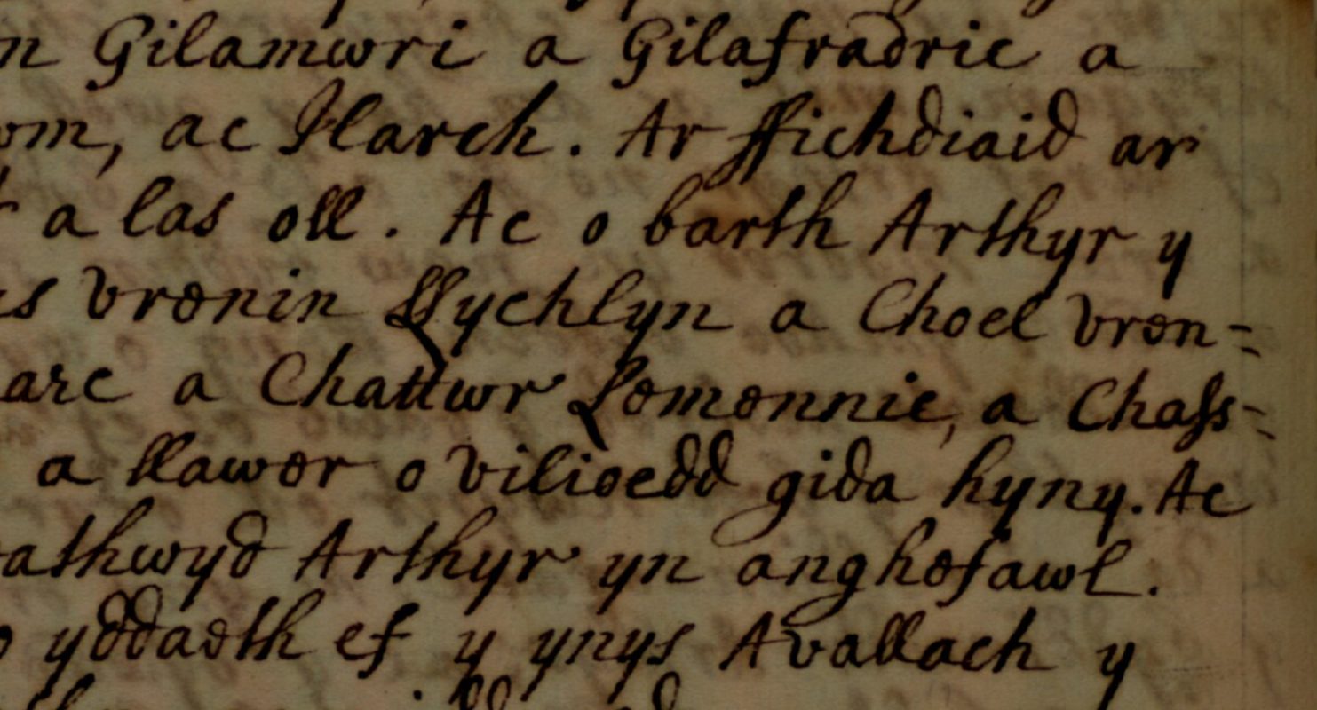 Brut Tysilio, Jesus College MS 28, página 168, mostrando Coel (Choel), rei da Dinamarca, na quarta linha
