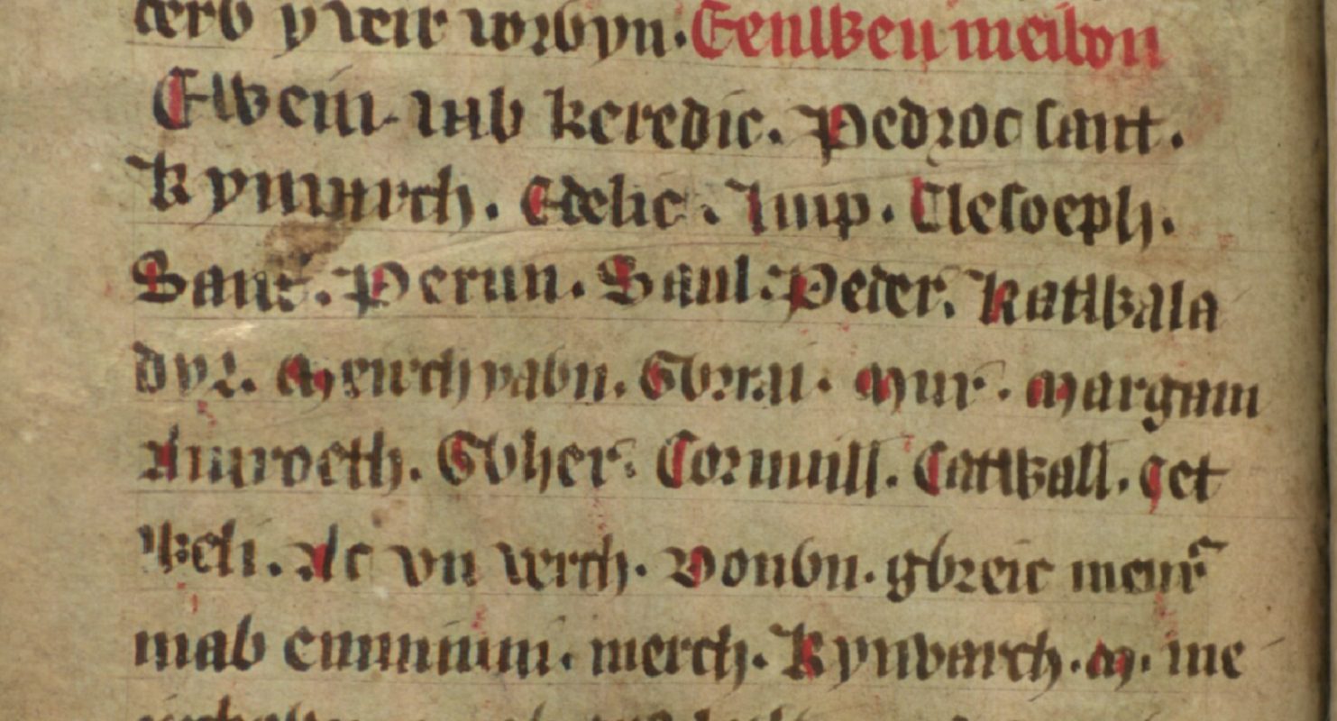 Jesus College MS 20, fólio 34v, mostrando muitos dos filhos de Glywys, como Meirchiawn na quinta linha