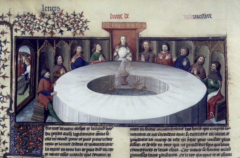 Os cavaleiros do Rei Artur, reunidos à Távola Redonda para celebrar o Pentecostes, veem uma visão do Santo Graal