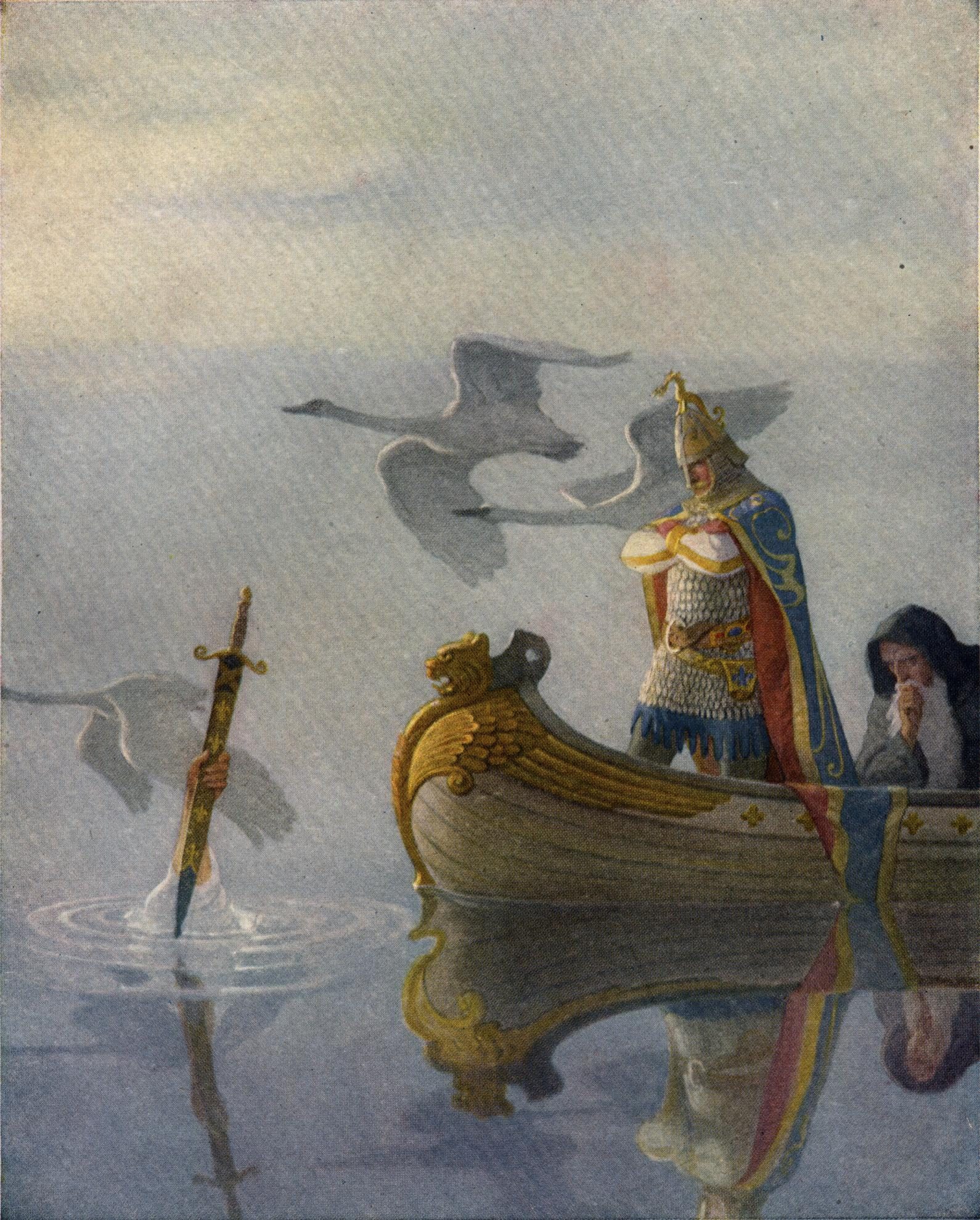 Ilustração da página 16 de The Boy's King Arthur: "And when they came to the sword that the hand held, King Arthur took it up."