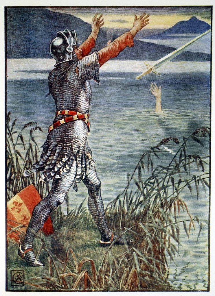 O Rei Artur e o sir Bedivere lançando Excalibur ao lago
