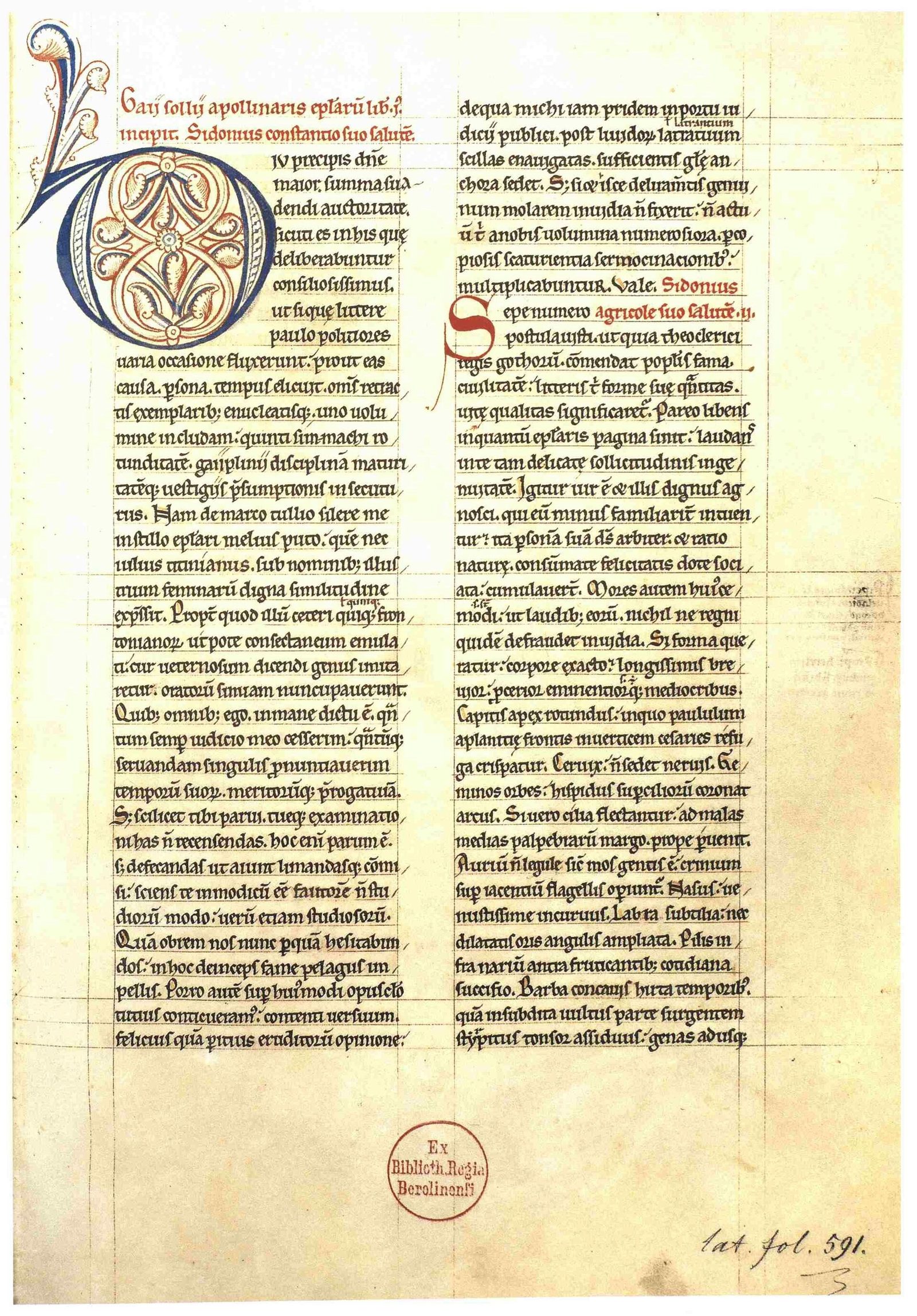 O início das cartas de Sidónio no manuscrito Berlin, Staatsbibliothek, Ms. lat