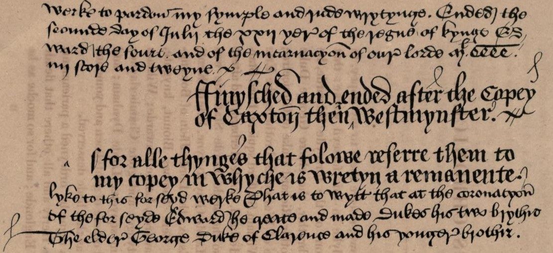 Fim da cópia do Brut de Caxton e início da crónica original de John Warkworth: fac-símile de Cambridge Peterhouse MS 190 f 214v