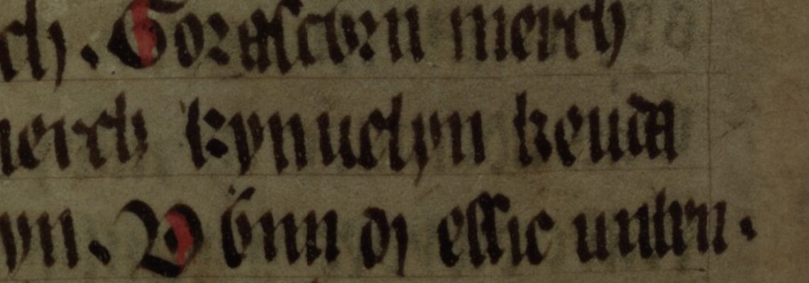 Culhwch and Olwen, fólio 202v, mostrando Kynfelyn Keutawt (as duas últimas letras estão na linha seguinte)
