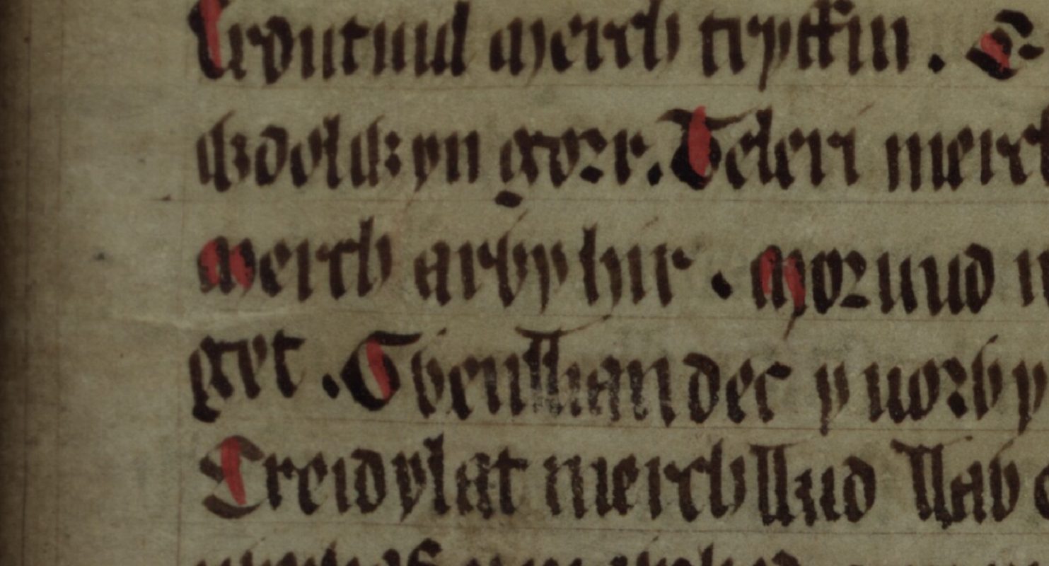 Culhwch and Olwen, fólio 203r, mostrando Garwy Hir (‘Arwy hir’) ao centro