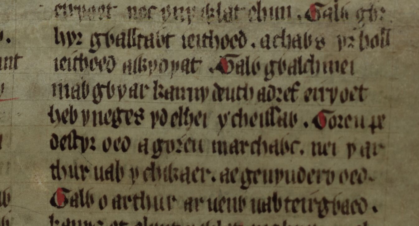 <i>Culhwch and Olwen</i>, folio 203r, que mostra a linha em que Gywar a mãe de Gwalchmai é revelada ser a irmã de Artur