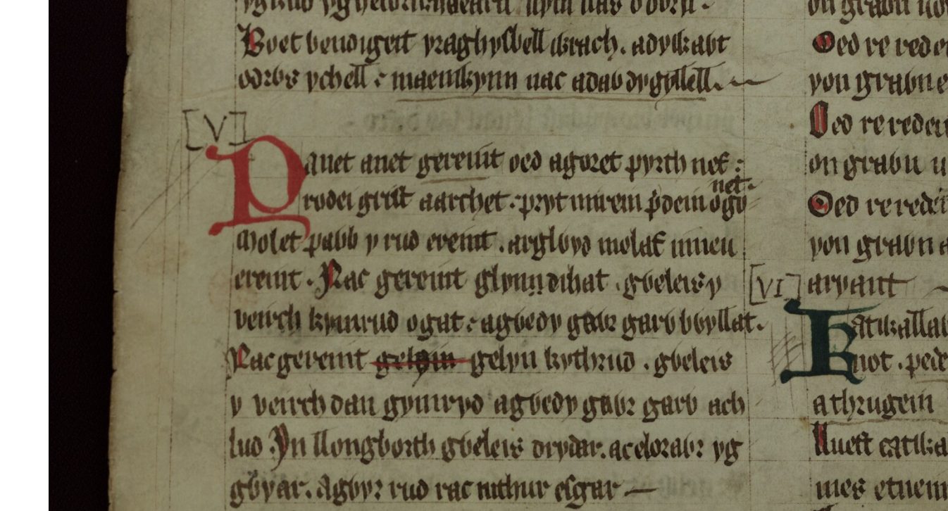 Os versos iniciais de Englynion Gereint fab Erbin, o poema do Livro Vermelho de Hergest que descreve a morte de Geraint na Batalha de Llongborth, fólio 259v