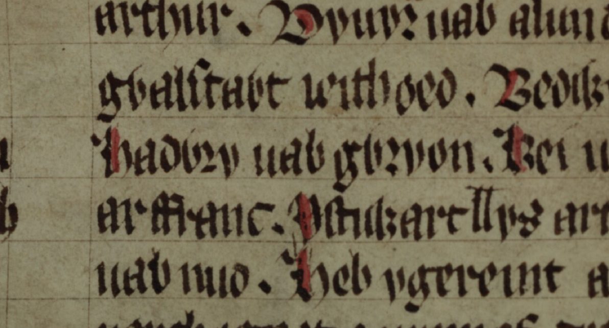 Jesus College MS 111, fólio 194r, mostrando Cadwry ou Hadwry ap Gwrion ao centro