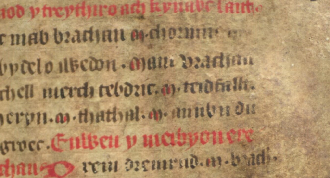 Jesus College MS 20, fólio 33r, mostrando Tewdrig ap Teithfallt na quarta linha da genealogia de Brychan