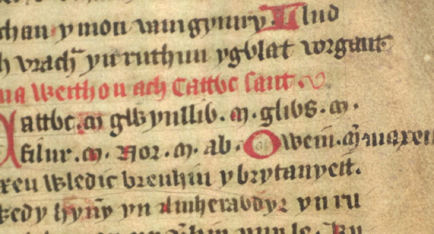 Jesus College MS 20, fólio 34r, mostrando Glywys no final da linha central