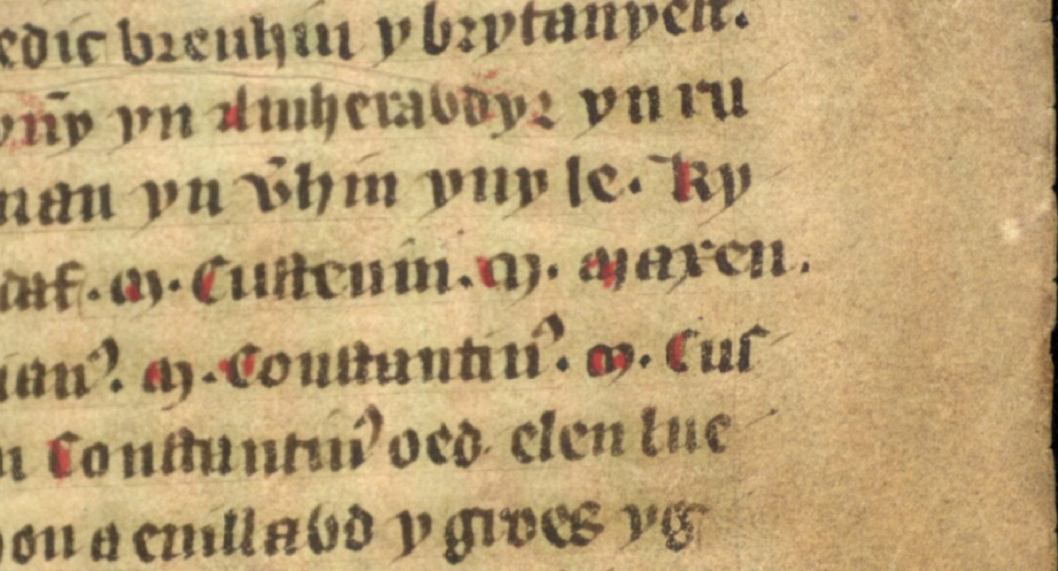 Jesus College MS 20, fólio 34r, mostrando o nome de Magnus Maximus escrito como ‘Maxen’ no final da linha central