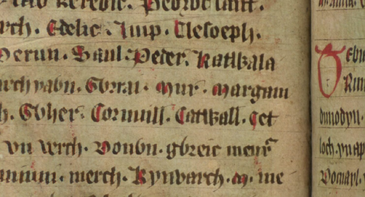 Jesus College MS 20, fólio 34v, mostrando Mur, filho de Glywys, ao centro, Biblioteca Bodleiana, Oxford