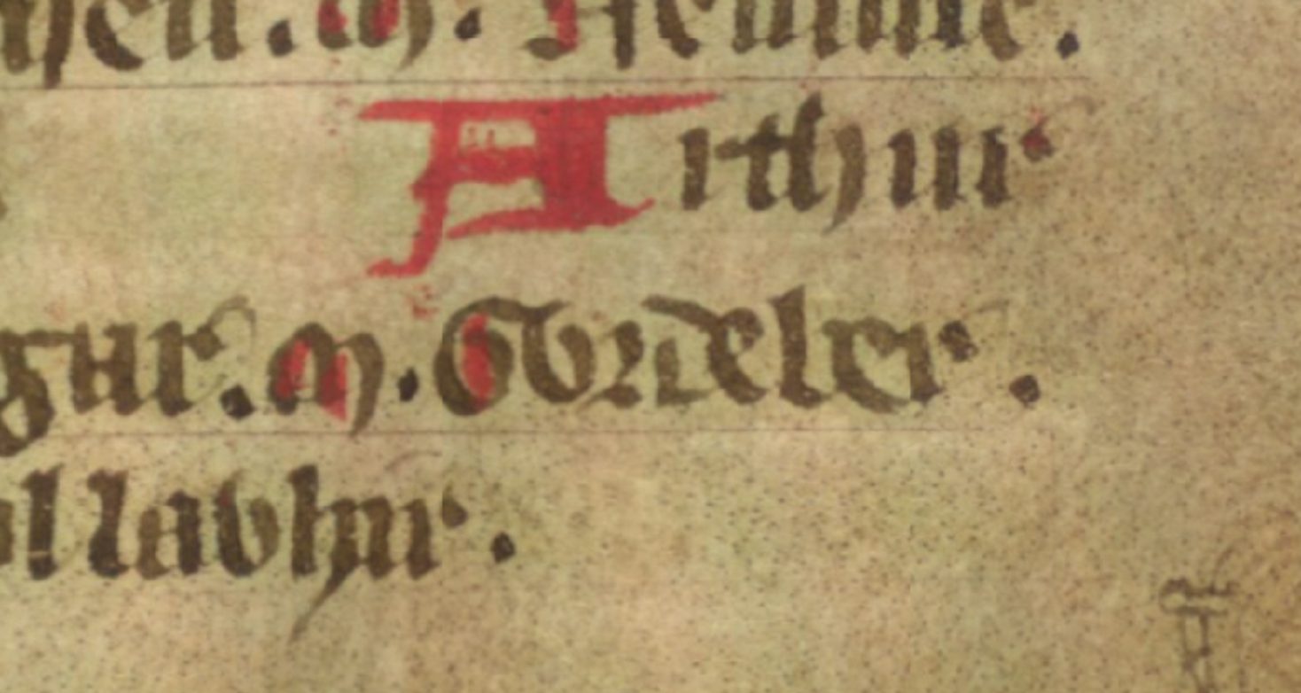 Jesus College MS 20, fólio 36r, mostrando o Vortipor de Gildas como Gwrdeber, avô de Pedr de Dyfed