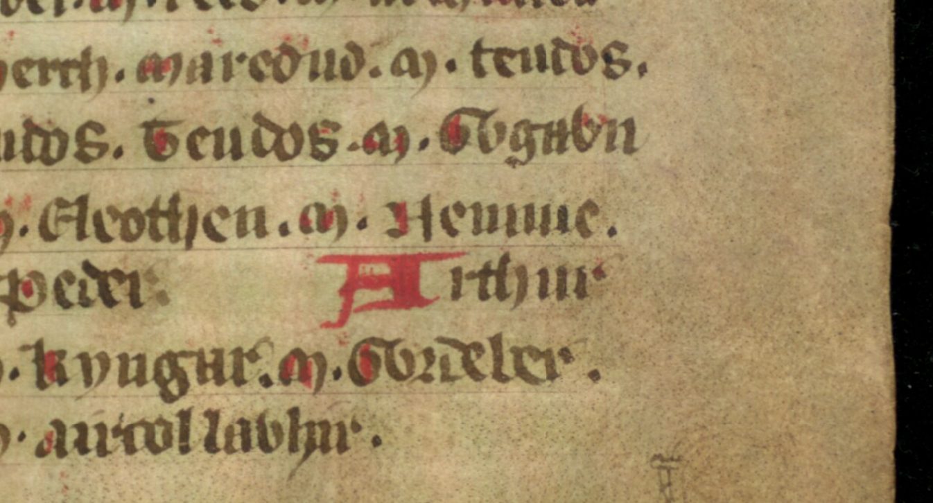 Jesus College MS 20, fólio 36r, mostrando o filho de Artur, Nowy, grafado ‘Nennue’ neste documento