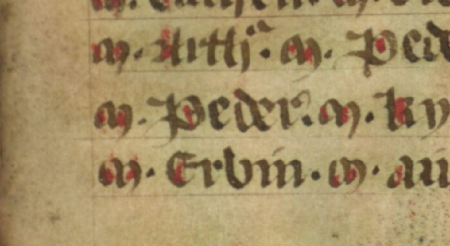 Jesus College MS 20, fólio 36r, mostrando Pedr de Dyfed com o seu nome grafado ‘Peder’