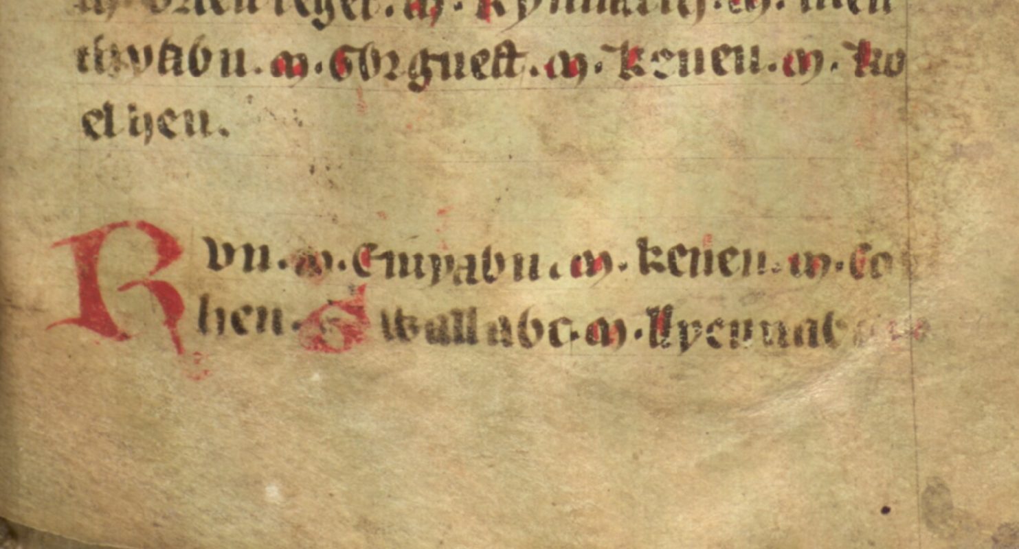 Jesus College MS 20, fólio 38r, mostrando Gwallog e o seu pai Lleenog bem no final