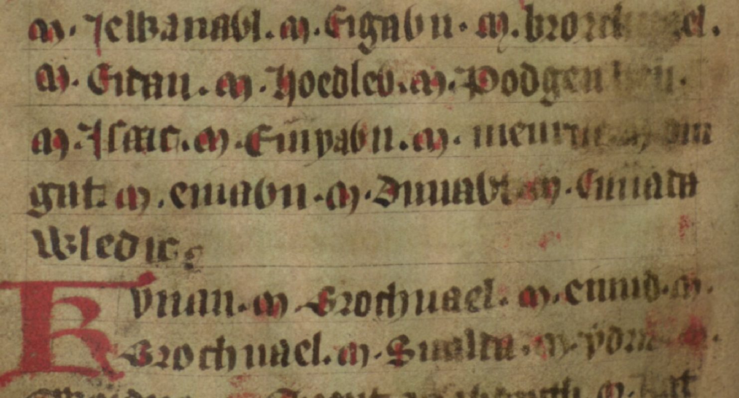Jesus College MS 20, fólio 39v, mostrando parte da provável linhagem verdadeira de Cadwallon na quarta linha, Biblioteca Bodleiana, Oxford