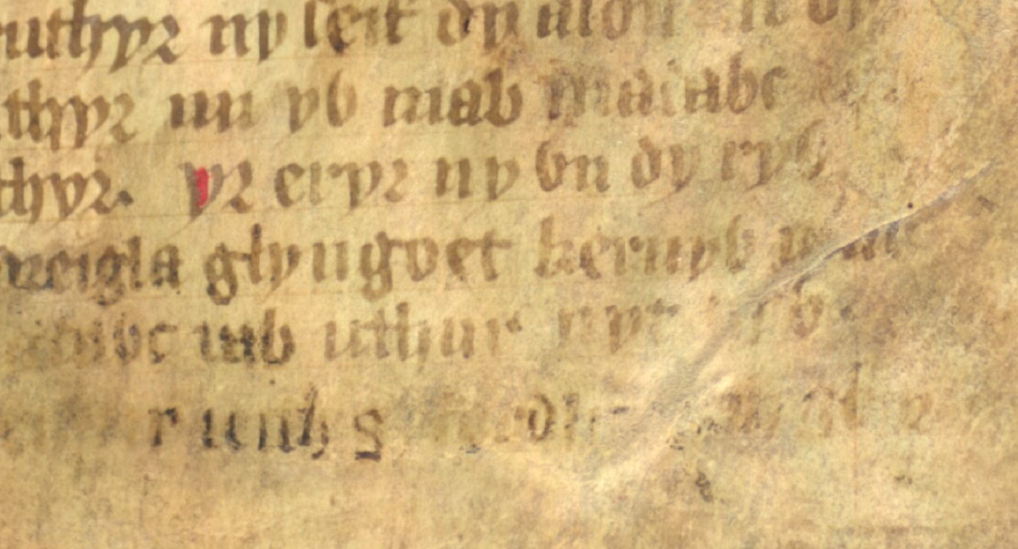 Jesus College MS 20, fólio 1r, mostrando ‘glyn goet kernyw’ no poema Artur e a Águia