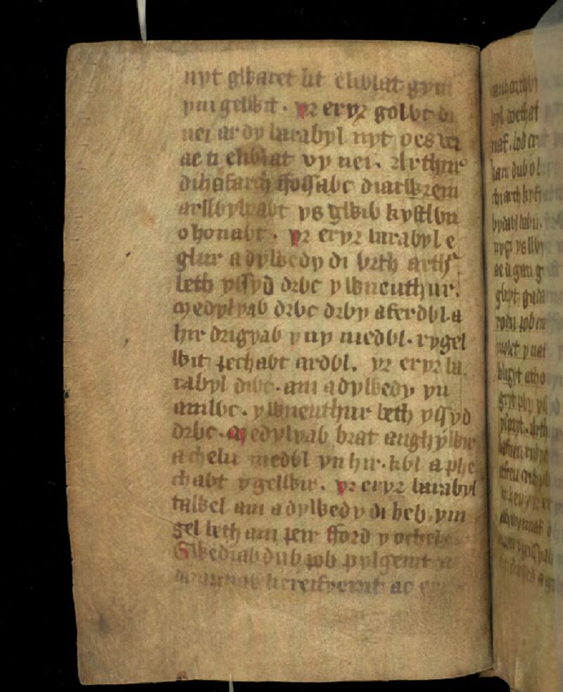 Jesus College MS 20, fólio 1v, que mostra a primeira página do poema <i>Ymddiddan Arthur a’r Eryr</i>, ou <i>Artur e a águia</i>
