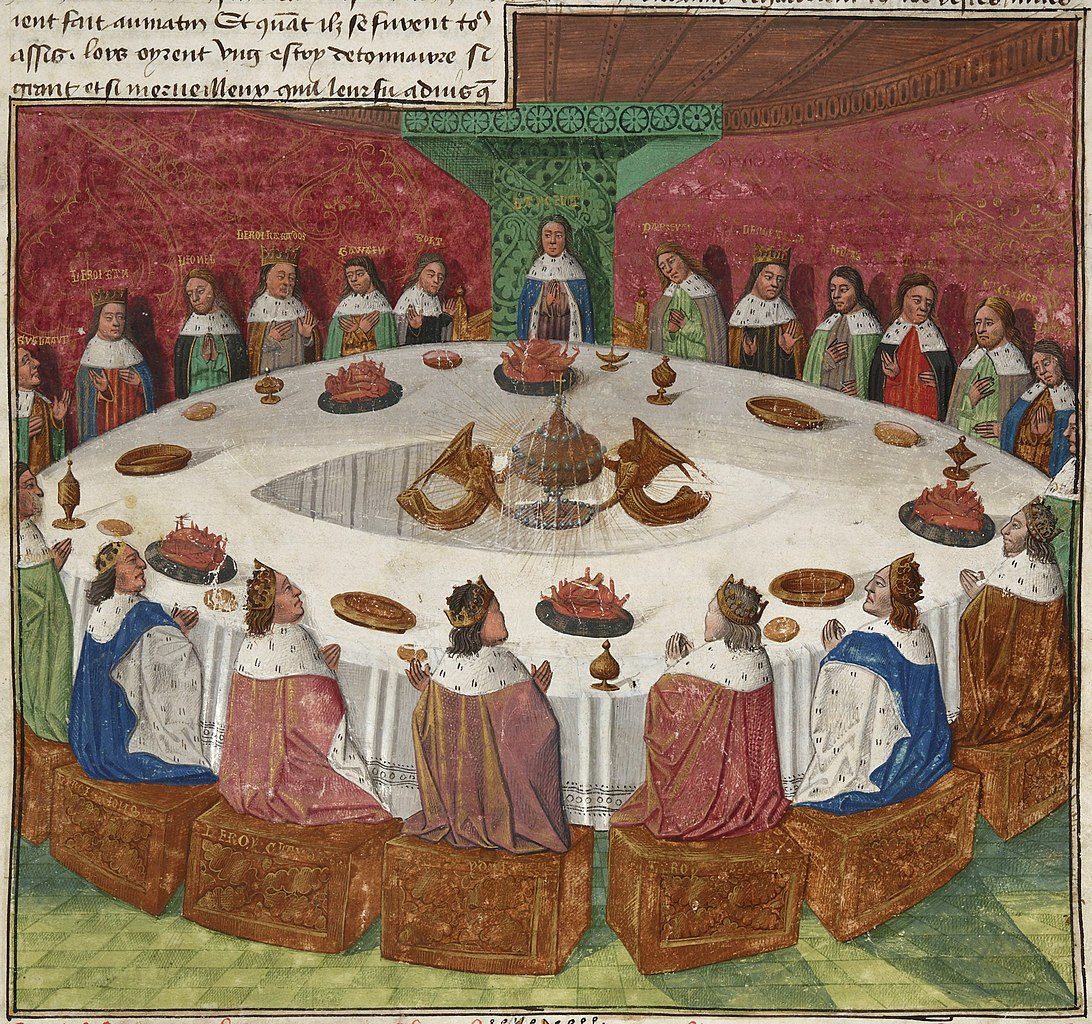 Ilustração do Rei Artur e dos seus cavaleiros à Mesa Redonda, do BNF 112, manuscrito iluminado do Lancelot em Prosa, Evrard d’Espinques, 1470