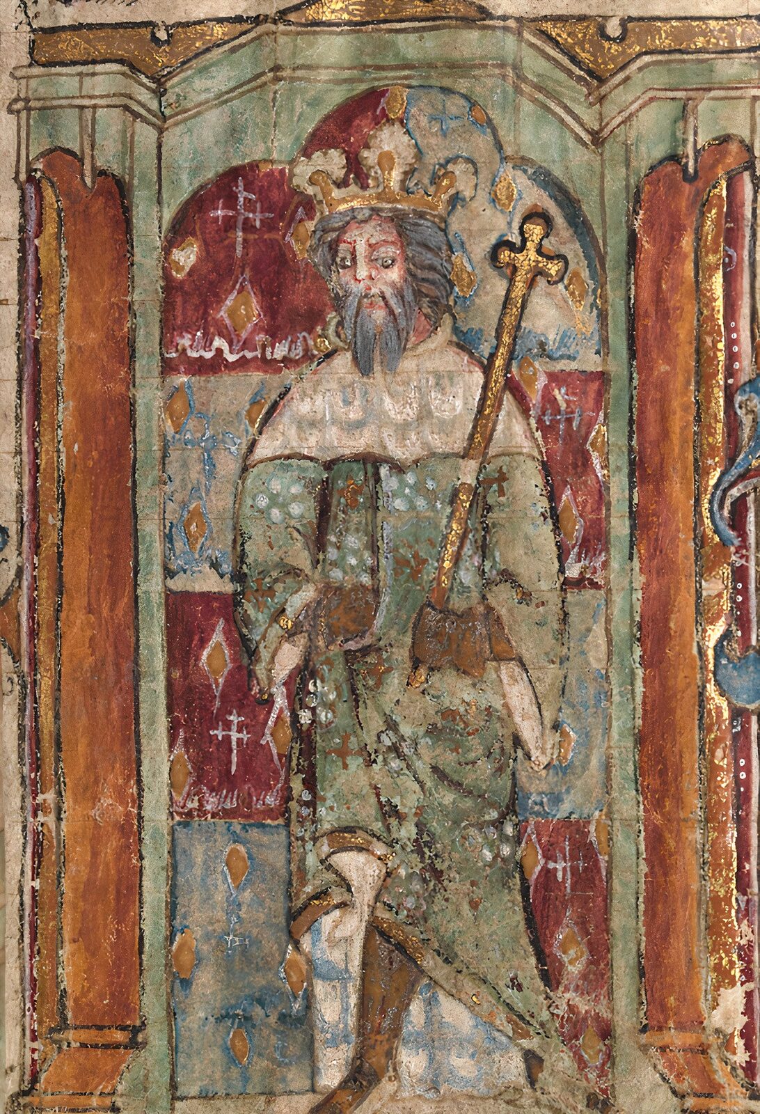 Ilustração do <i>Livro de Horas de Llanbeblig</i>, que figura talvez Magno Máximo, século XIV, Biblioteca Nacional do País de Gales