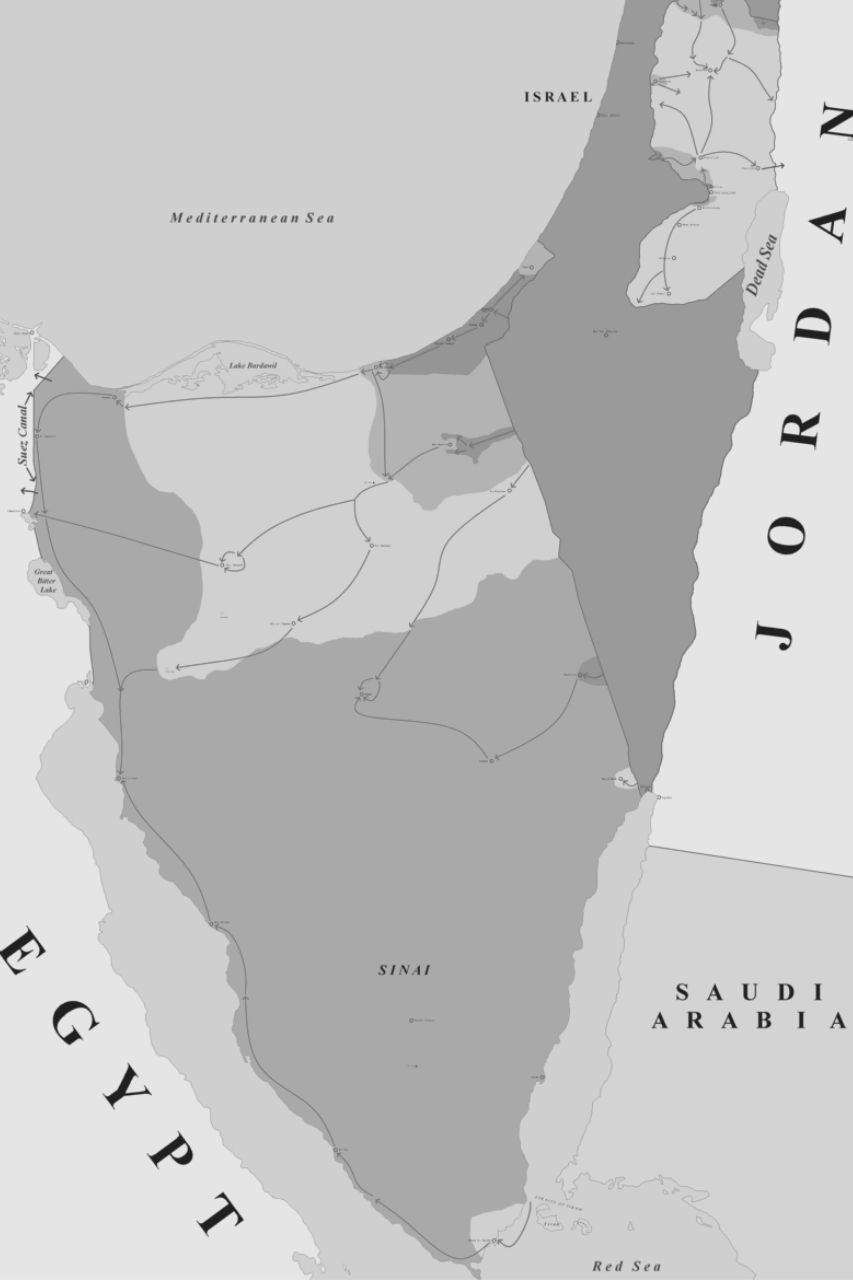 Mapa dos movimentos militares e das mudanças territoriais durante a Guerra dos Seis Dias