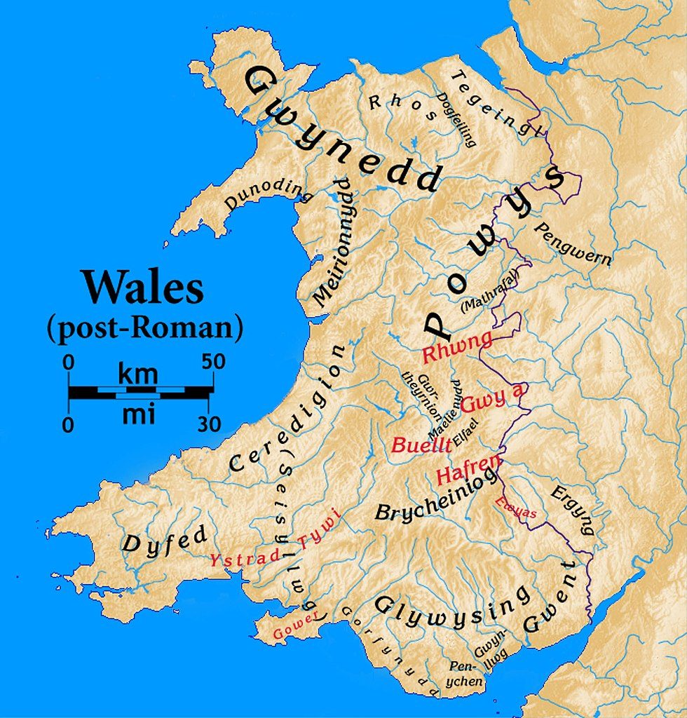 Mapa mostrando a localização do reino de Gwynedd, o território de Cadwallon Lawhir