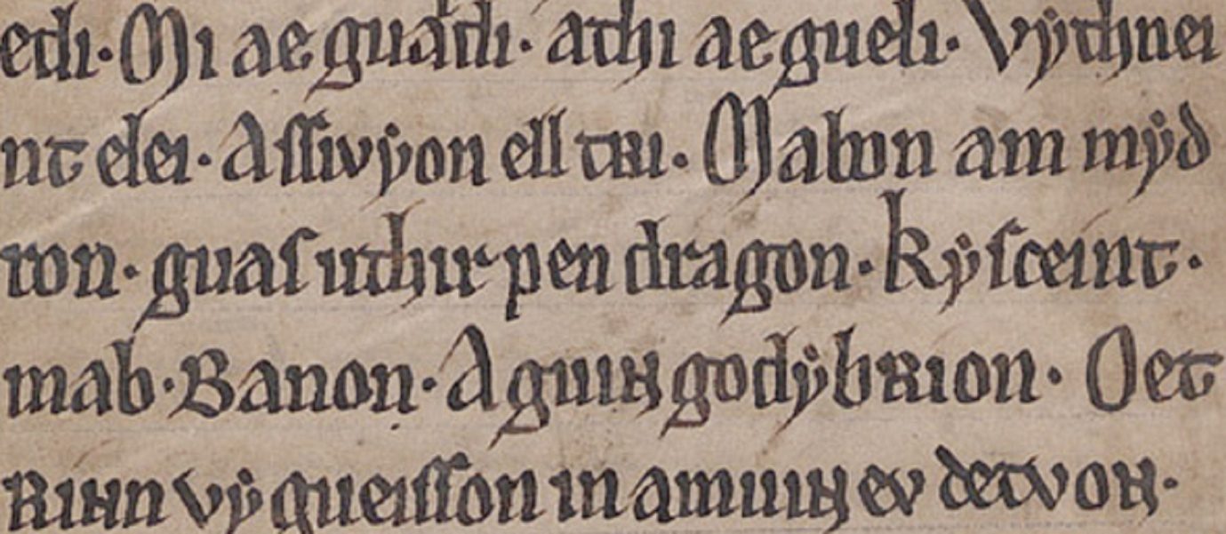 MS Peniarth 1, fólio 47r, mostrando a menção de ‘uthir pen dragon’ no poema Pa Gur.