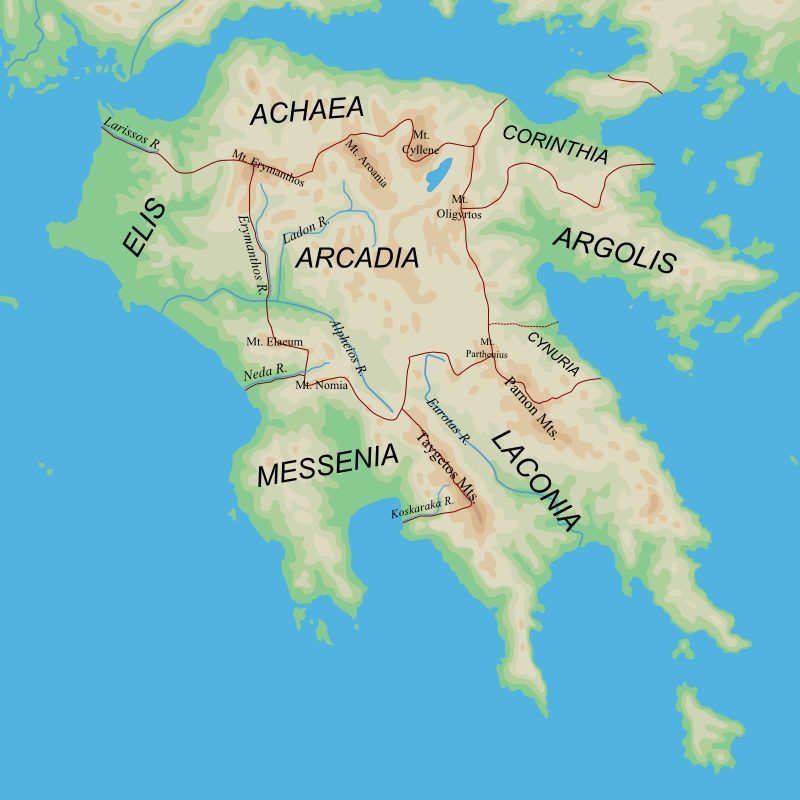 Mapa do Peloponeso, uma península chamada ‘nesos’ pelos antigos gregos. Wikimedia Commons, CC-BY 3.0
