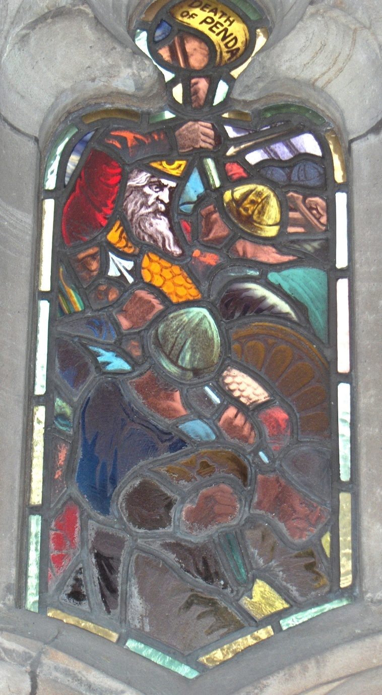 Representação em vitral da morte de Penda da Mércia, Catedral de Worcester, Inglaterra