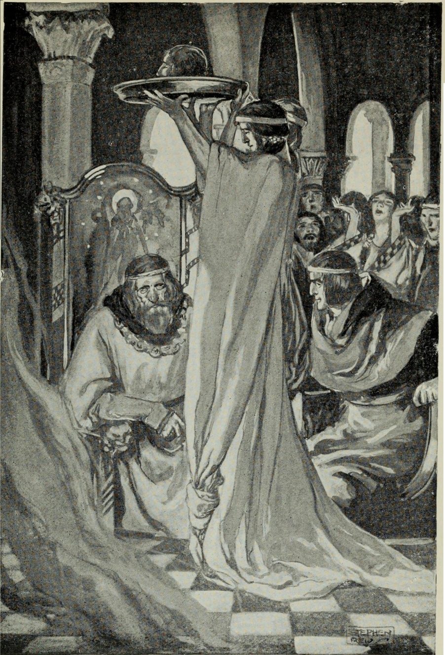 Ilustração da cena do conto galês Peredur em que é mostrada ao rei uma cabeça decepada, de T W Rolleston, Myths and Legends of the Celtic Race, 1910