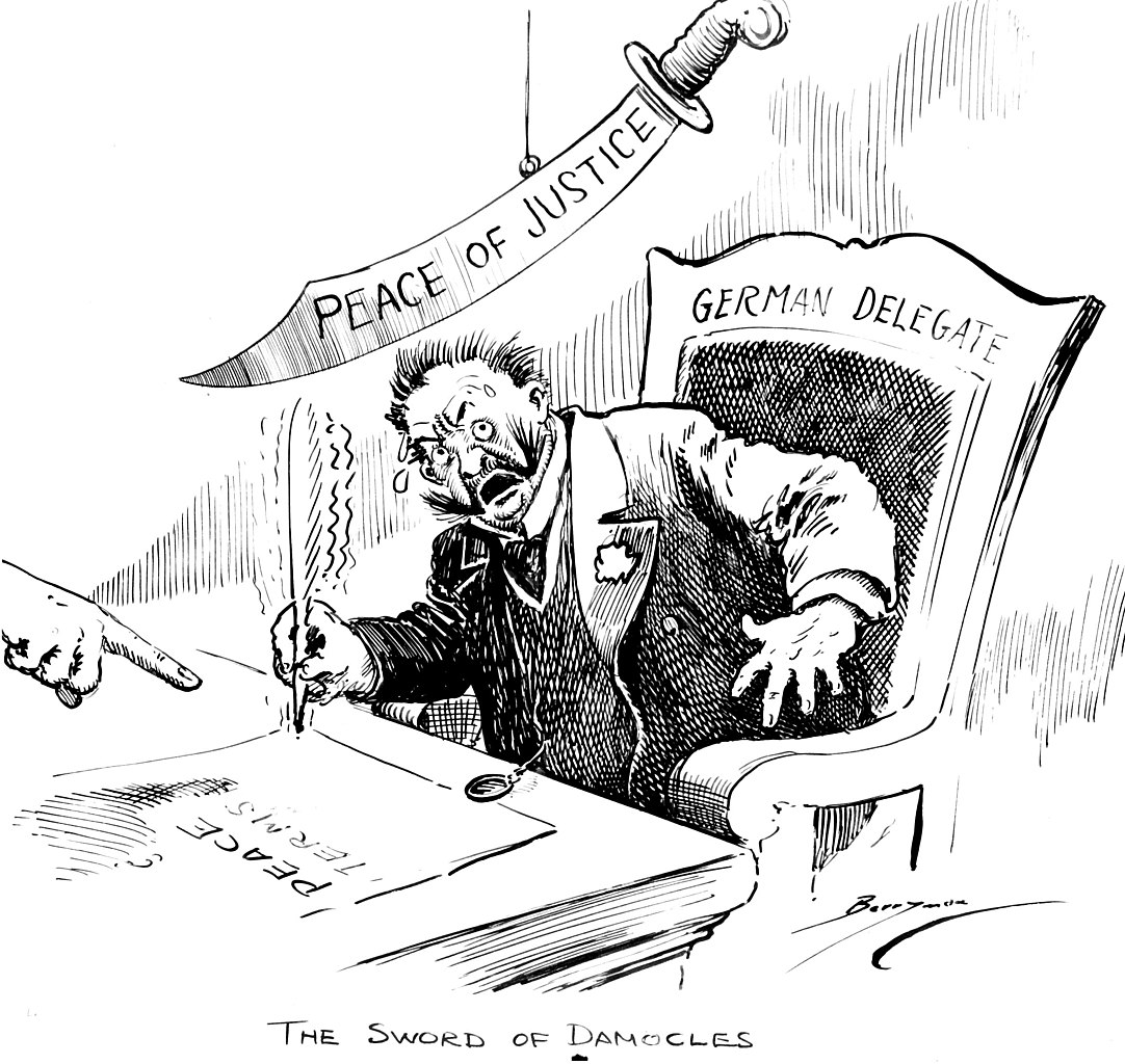 vinheta política que representa um uso moderno da expressão «Espada de Dâmocles», 1919