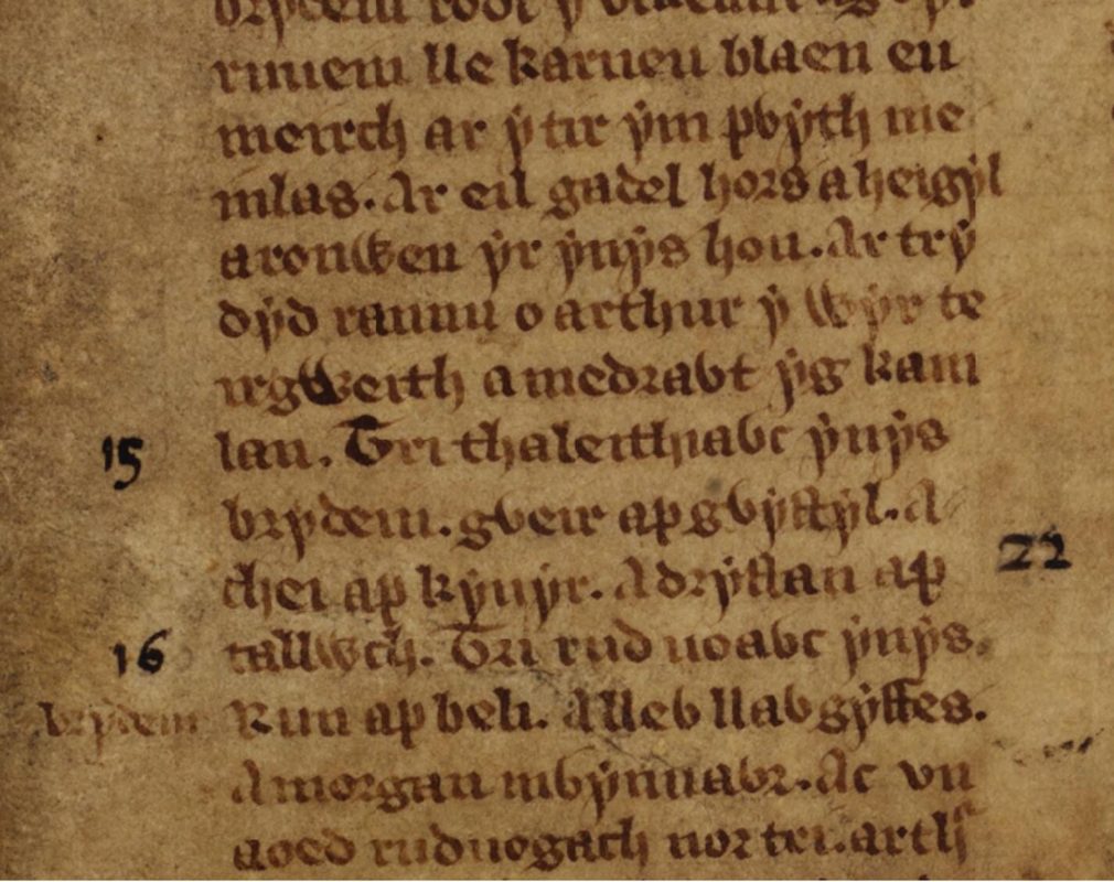 Uma referência à Batalha de Camlann nas Tríades Galesas, Livro Branco de Rhydderch, fólio 56r